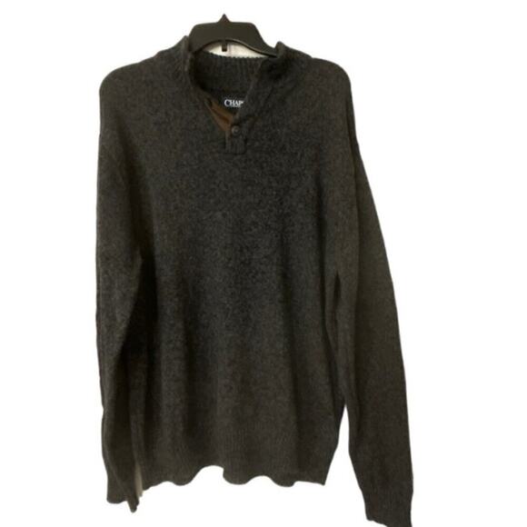 CHAPS Heathered Dark Gray Elbow Patch Henley Button 100% Cotton Sweater XL - Picture 1 of 10